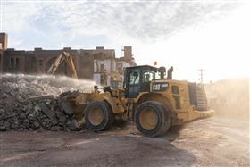 Demolition: A Caterpillar 966M cleans up demolition debris.
